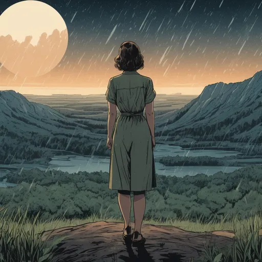 Prompt: (1940s illustration, comic book, vector, 4k, hyper-detail), a summer night, raining, a woman standing on a hilltop, overlooking a tundra mountain forest, view from behind. mud everywhere