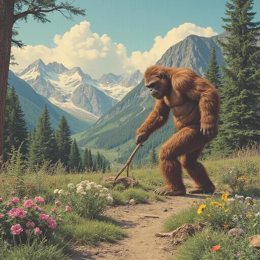 Prompt: (1980 vintage drawing, psychedelic colors, ultra detail, 4k) Bigfoot in the distance working a garden in the mountains