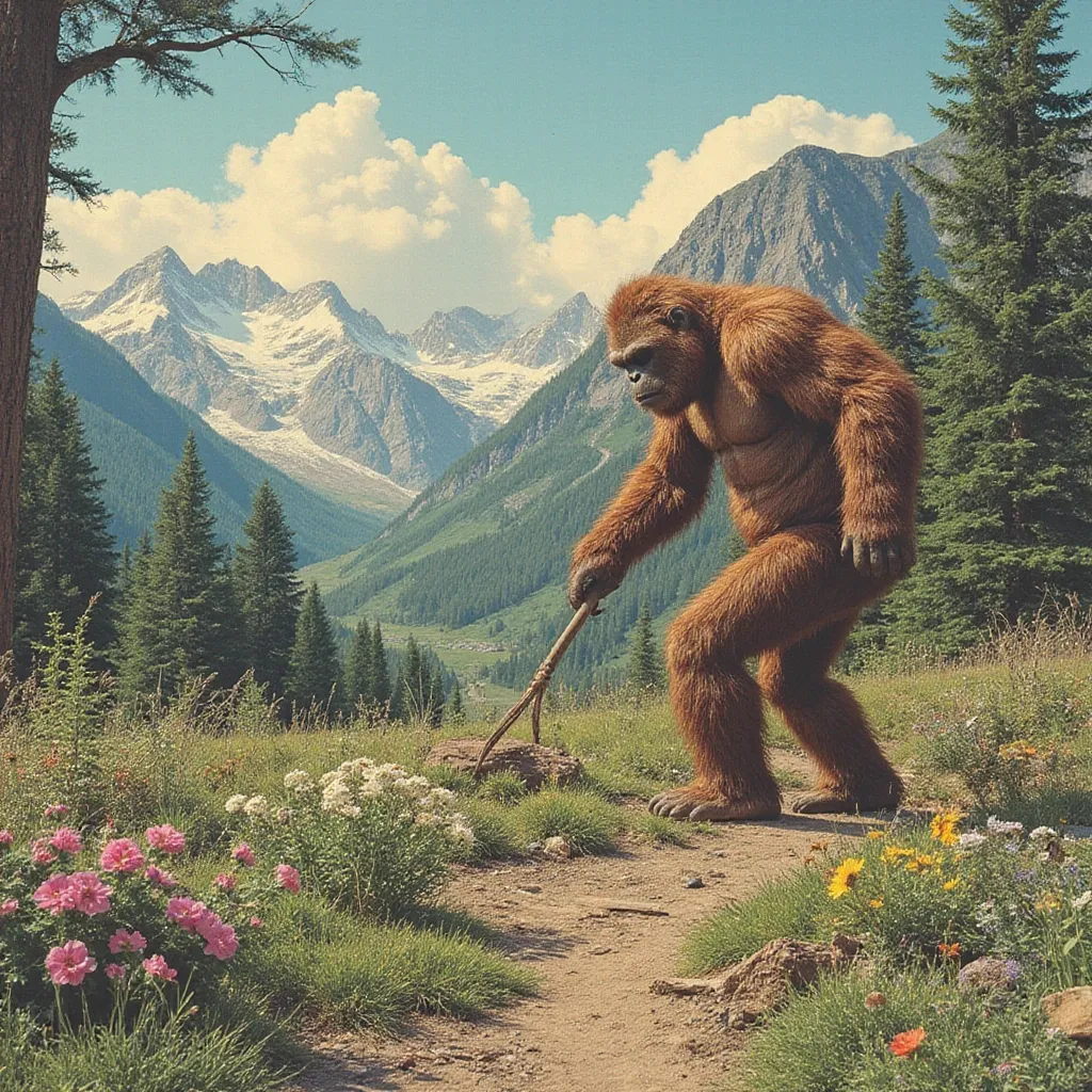 Prompt: (1980 vintage drawing, psychedelic colors, ultra detail, 4k) Bigfoot in the distance working a garden in the mountains