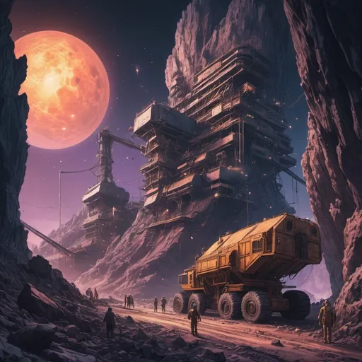 Prompt: ((psychedelic colors, comic book illustration, belle epoque dark fantasy anime, 4k, meticulous detail)) a mining operation on an asteroid