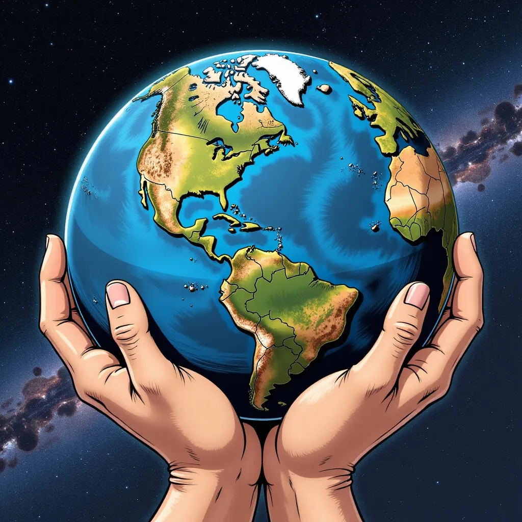 Prompt: comic book illustration, view of earth from space recieving a hug from human arms