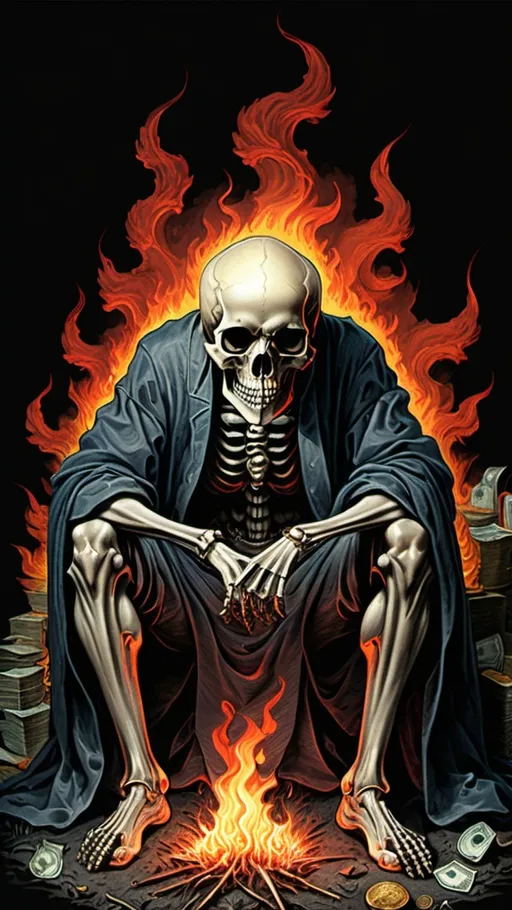 Prompt: (black background) skull head sitting on ground ((manga illustration, gustave dore)), meticulous detail, rich, deep color,  money in flames