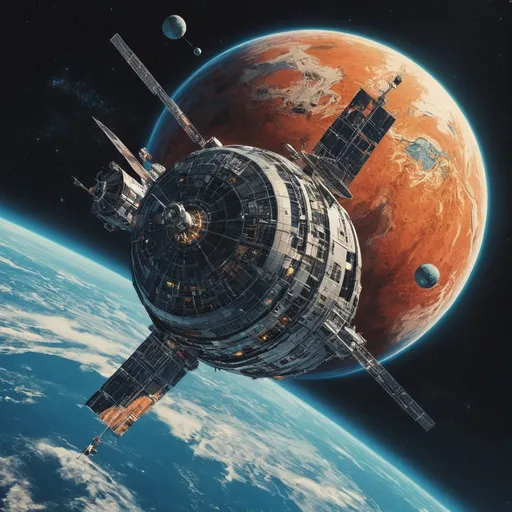 Prompt: (vintage retro futuristic, comic book illustration, graphic novel, ultra detail, 4k, graphic novel illustration) a satellite orbiting a planet