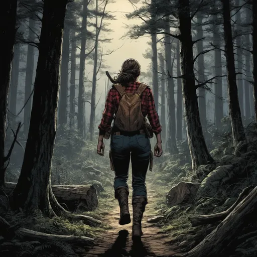 Prompt: (vintage comic book illustration, graphic novel, ultra detail, 4k, graphic novel illustration) a female lumberjack traversing through a deep dark forest, view from behind,