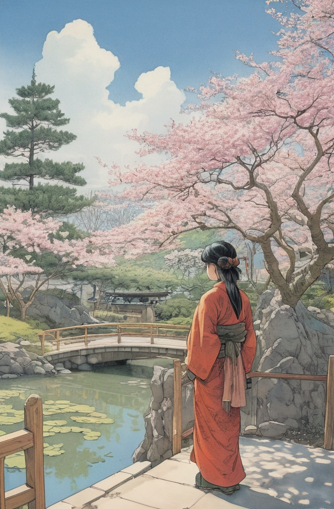 Prompt: (manga hard line, graphic novel, hard shadow, wide color ink Jean Giraud Moebius illustration) a japanese garden in hokkaido in springtime, a geisha in the distant background, view from behind