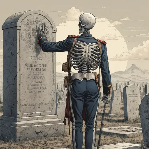 Prompt: (vintage, comic book illustration, graphic novel, ultra detail, 4k, graphic novel illustration) view from behind, a skeleton wearing a miliary uniform, saluting a gravestone.