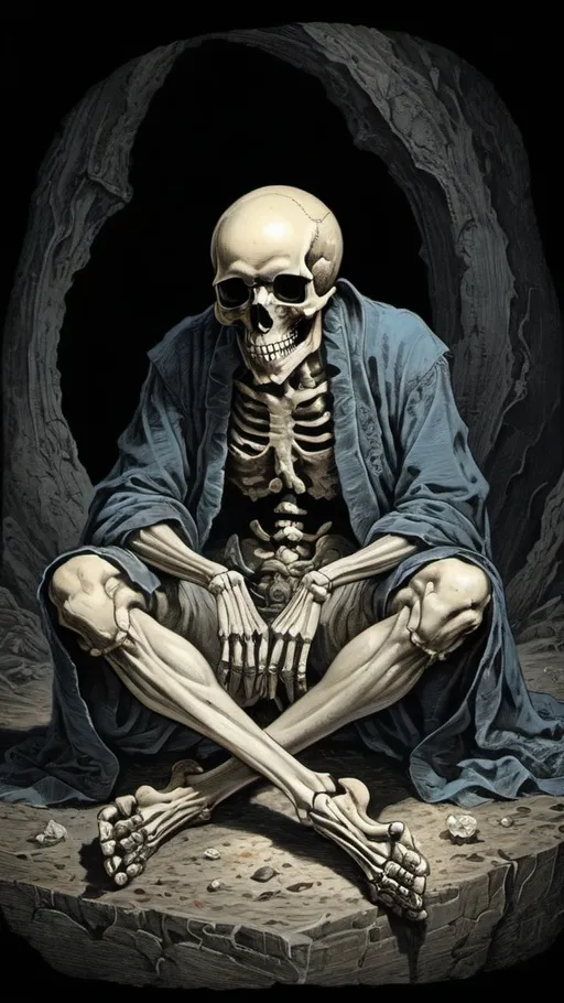 Prompt: (black background) skull head sitting on ground ((manga illustration, gustave dore)), meticulous detail, rich, deep color