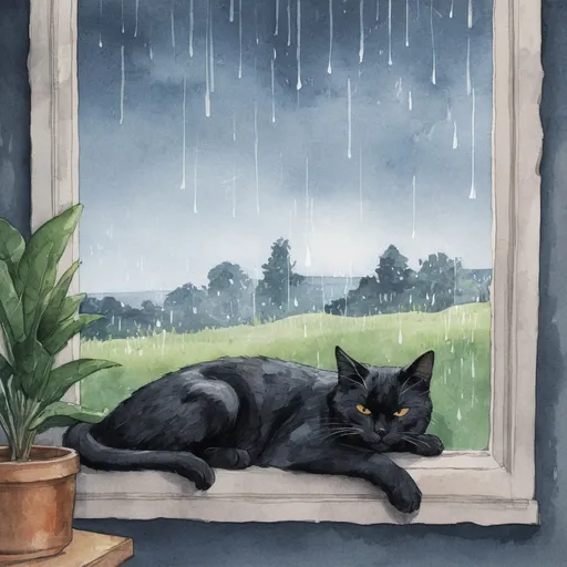 Prompt: (water color illustration, comic book, vector, 4k, hyper-detail), black cat sleeping indoors on a raining summer Friday