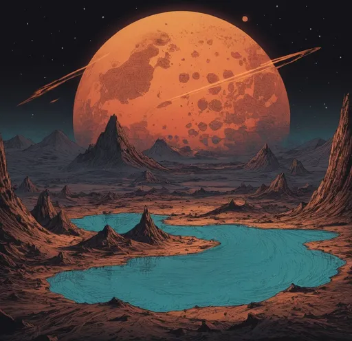 Prompt: ((volcanic hotspring planet at night)) (((retro futuristic, 1980  manga, graphic novel, 4K, hard vector, hard line, hard shadow, full color, cinematic, fine detail, chiaroscuro, ultra-detailed))) golden ratio proportions,