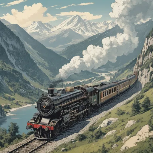 Prompt: (1880s illustration, comic book, vector, 4k, hyper-detail), the orient express at high speed, on a summer day through the mountains in Europe