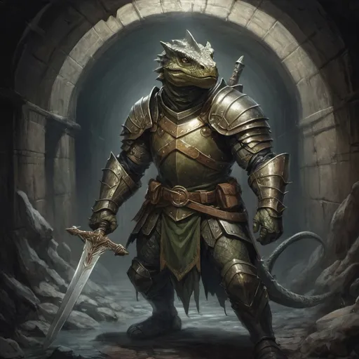 Prompt: (dark colors, heavy brushstroke, comic book illustration, belle epoque fantasy) muscular reptile wearing knight armor traveler traversing medieval underground sewers, with a long sword
