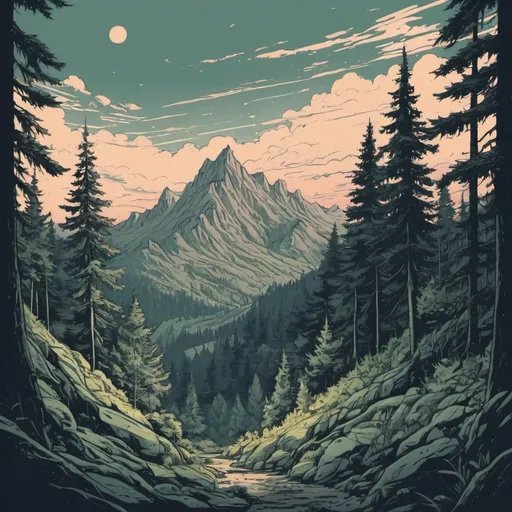 Prompt: (muted psychedelic colors, graphic novel book illustration), hard vector, thick line)  in the forest mountains 