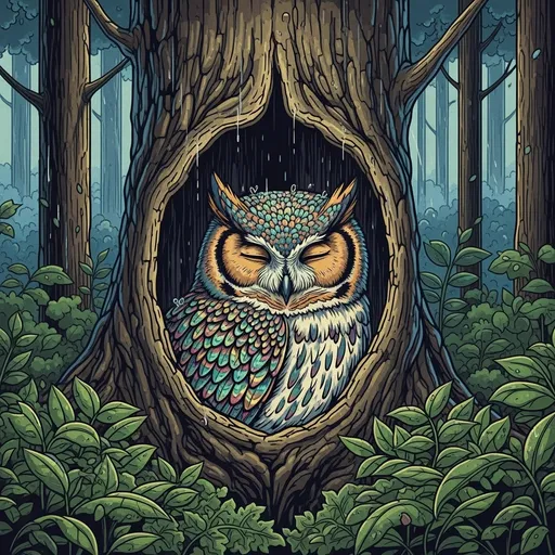 Prompt: (vintage illustration, comic book, vector, 4k, hyper-detail, meticulous detail)a sleeping iridescent horned owl in a hallowed out tree, during a light rainstorm, in a dense forest, off center