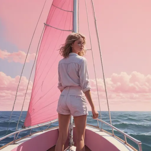 Prompt: (1980 vintage drawing, psychedelic colors, ultra detail, 4k) an australian girl sailing solo on a pink and white modern sailboat, in the pacific ocean
