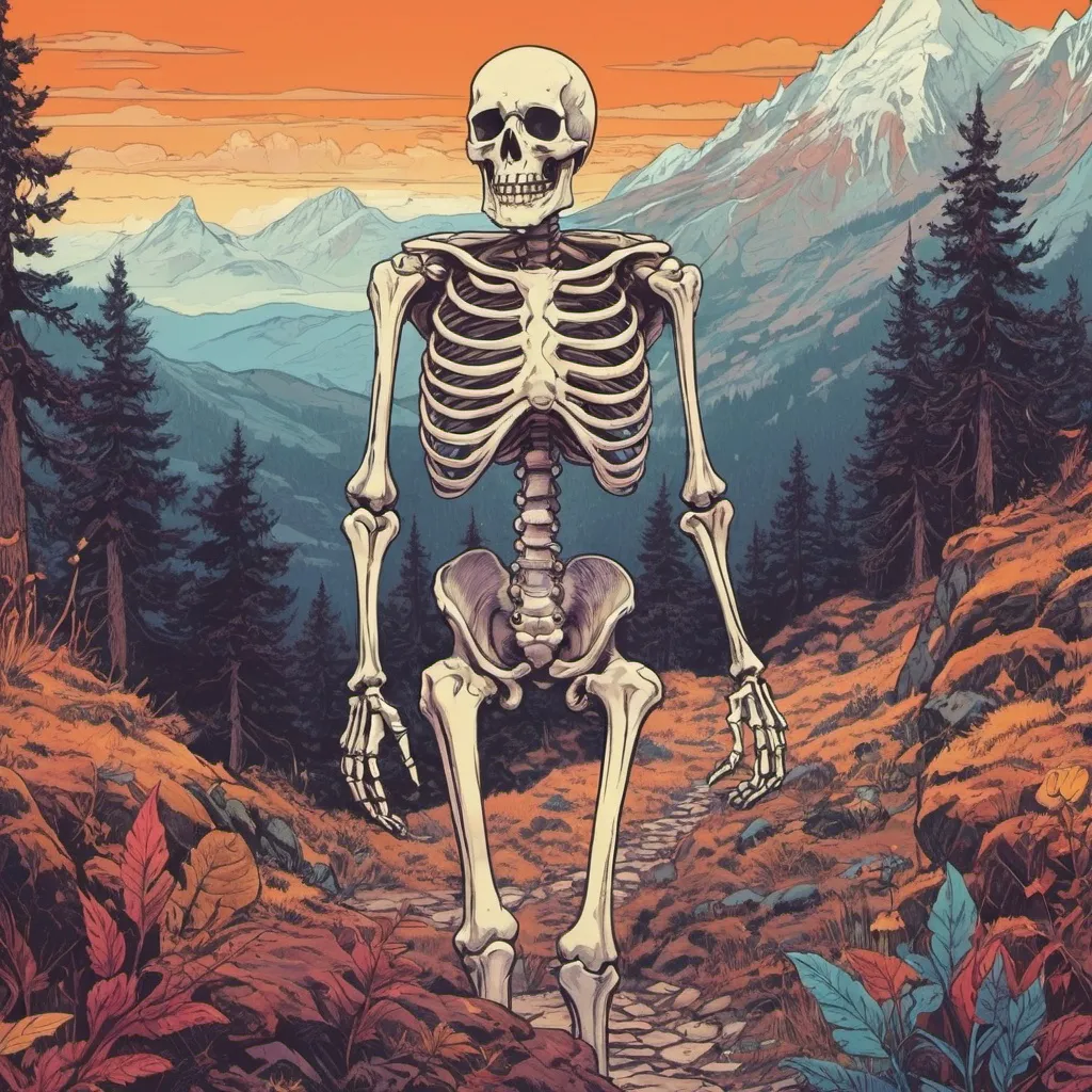 Prompt: ((vivid psychedelic colors), comic book illustration, hard vector, thick line) a skeleton wandering in the mountains 