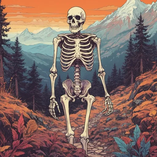 Prompt: ((vivid psychedelic colors), comic book illustration, hard vector, thick line) a skeleton wandering in the mountains 