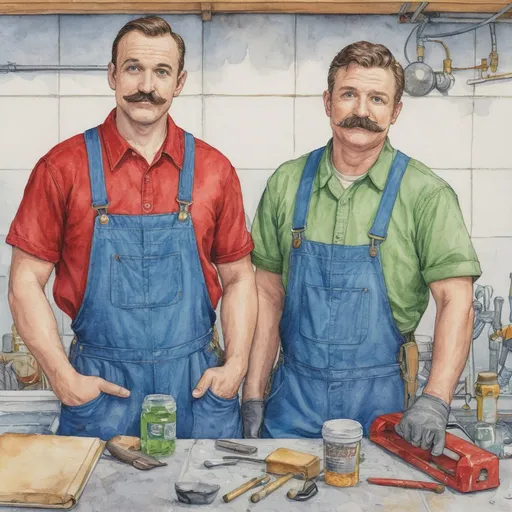 Prompt: comic book illustration, rich full color, thick watercolor, meticulous detail, thick lines, pixel art,) two plumbers one wearing a red shirt and blue overall, another wearing a green overall with mustaches