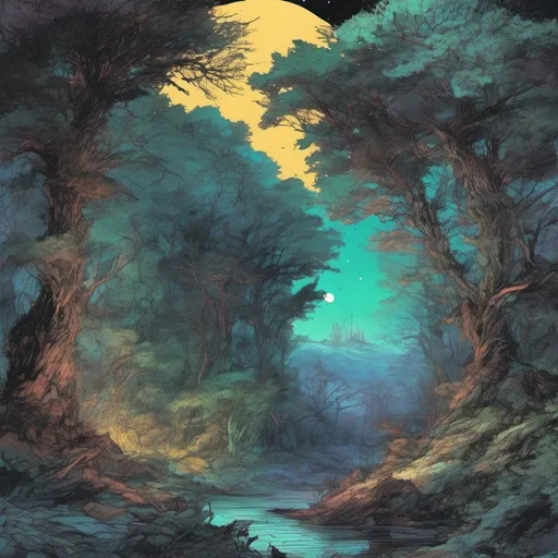 Prompt: (ancient forest background at night) ((manga illustration, gustave dore)), meticulous detail, rich, deep color