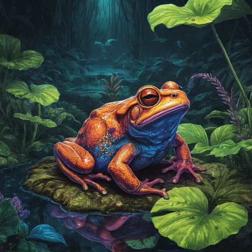 Prompt: (1980 drawing, bright psychedelic colors, ultra detail, 4k, graphic novel illustration) neon colored poison toad,sleeping underwater in a jungle pond