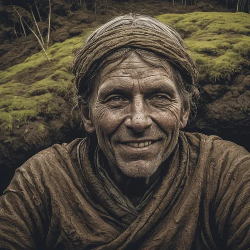 Prompt: (psychedelic colors, graphic novel book illustration), hard vector, thick line, ultra-detailed) peacefully smiling ancient Tollund Man at sleeping in a peat bog in denmark