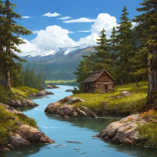 Prompt: (hard vector, two tone, illustration) Icelandic forest river, with a small log cabin