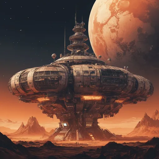 Prompt: (retro futuristic illustration, comic book, vector, 4k, hyper-detail) a space station outpost on the surface of molten Venus surface at nigh, hazy