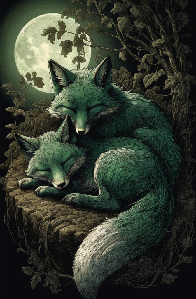 Prompt: (((Gustave Doré illustration, etching, anime, 4K, vector, hard line, hard shadow, full color, cinematic, fine detail, chiaroscuro, ultra-detailed))) 
a sleeping dark green fox with two bushy tails (with eyes closed)