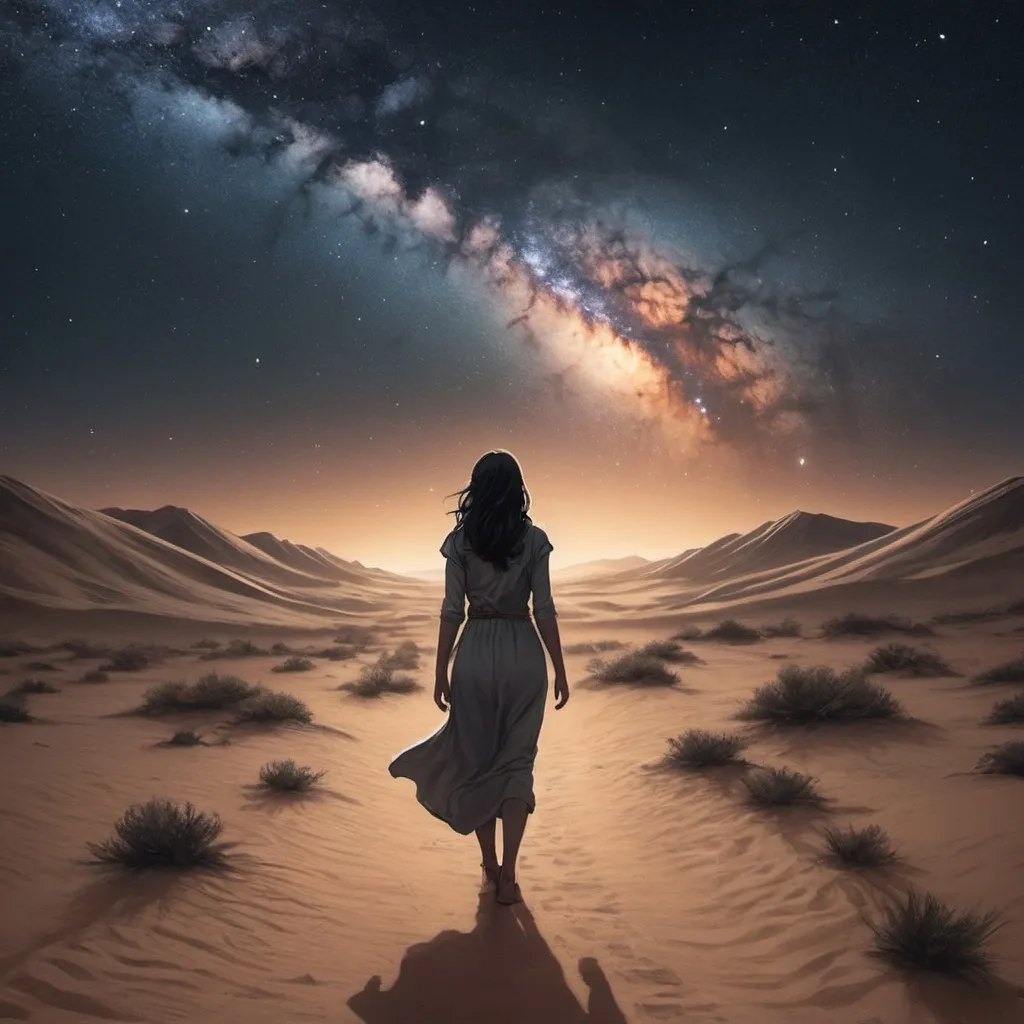 Prompt: (graphic novel, comic book, illustration)
view from behind, a  woman walking through and endless desert at midnight, visible milky way galaxy