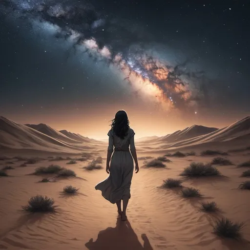 Prompt: (graphic novel, comic book, illustration)
view from behind, a  woman walking through and endless desert at midnight, visible milky way galaxy
