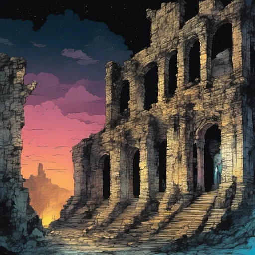 Prompt: (ancient ruins at night) ((manga illustration, gustave dore)), meticulous detail, rich, deep color