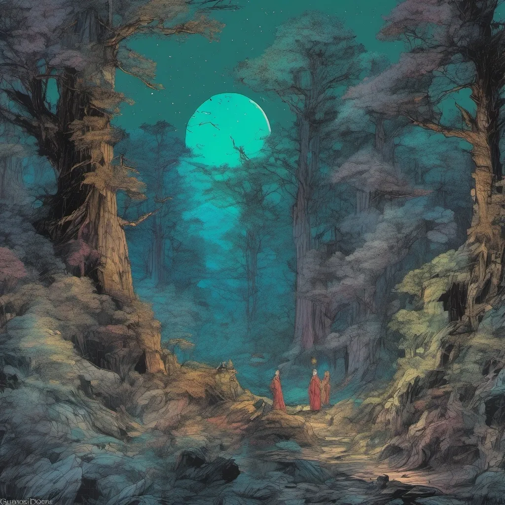 Prompt: (ancient forest background at night) ((manga illustration, gustave dore)), meticulous detail, rich, deep color