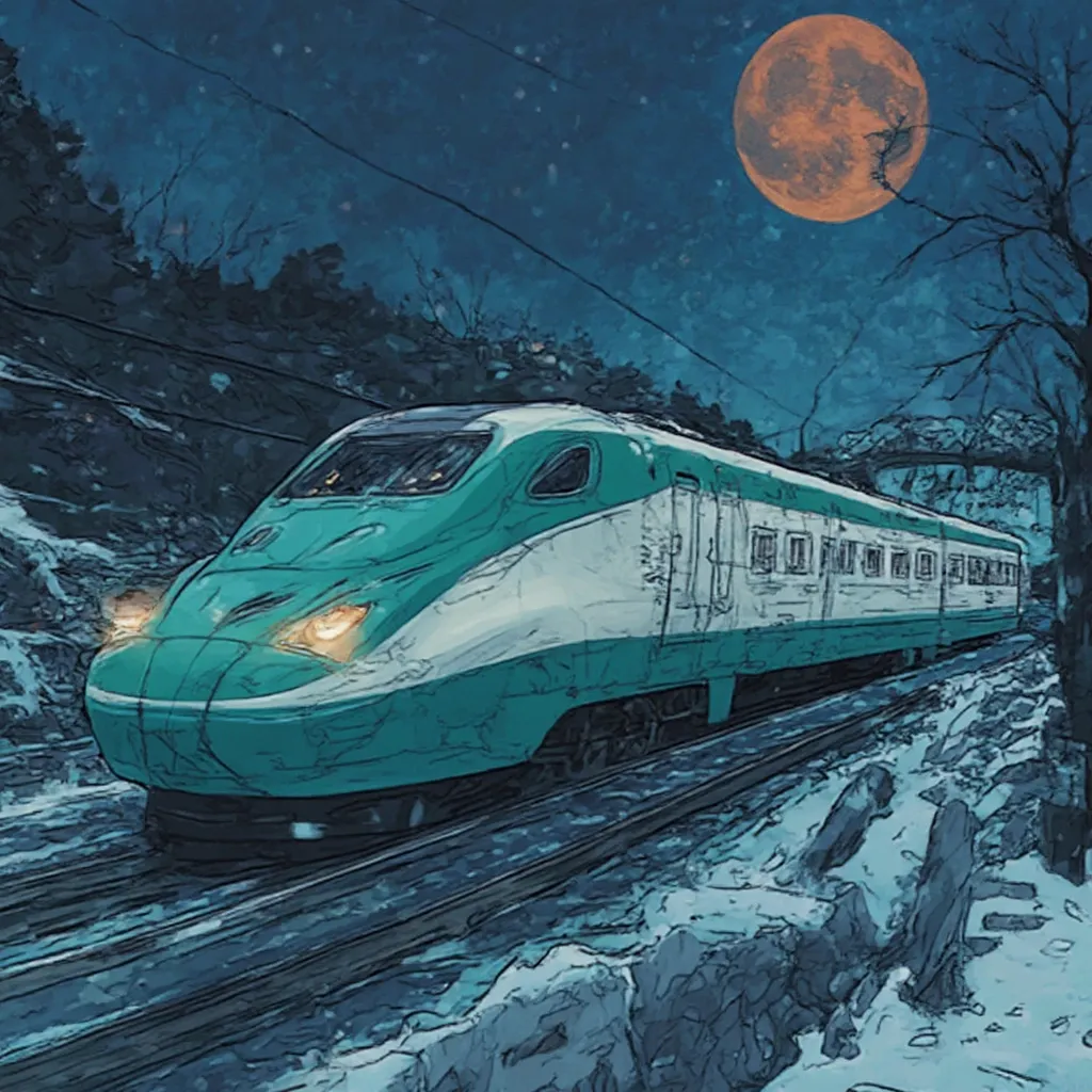 Prompt: (illustration, hard vector, meticulous detail, graphic novel,) seikan tunnel in hokkaido, ((teal and white hayabusa shinkansen)) speeding by at night. ((under a total lunar eclipse))