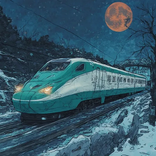 Prompt: (illustration, hard vector, meticulous detail, graphic novel,) seikan tunnel in hokkaido, ((teal and white hayabusa shinkansen)) speeding by at night. ((under a total lunar eclipse))