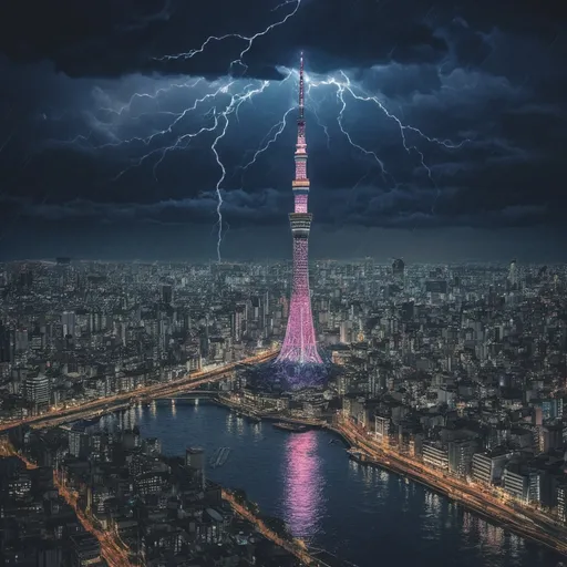 Prompt: (1980 vintage illustration, graphic novel, bright psychedelic colors, ultra detail, 4k, graphic novel illustration) Tokyo Skytree, lit up at night, during a thunderstorm, near the Sumida River