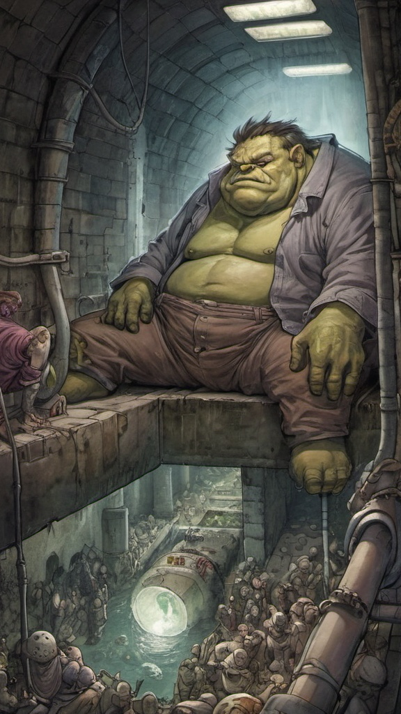 Prompt: ((mosaic comicbook illustration)) cross-section view, of a large clothed gentle ogre sleeping in an underground sewer, while a busy city bustles above 