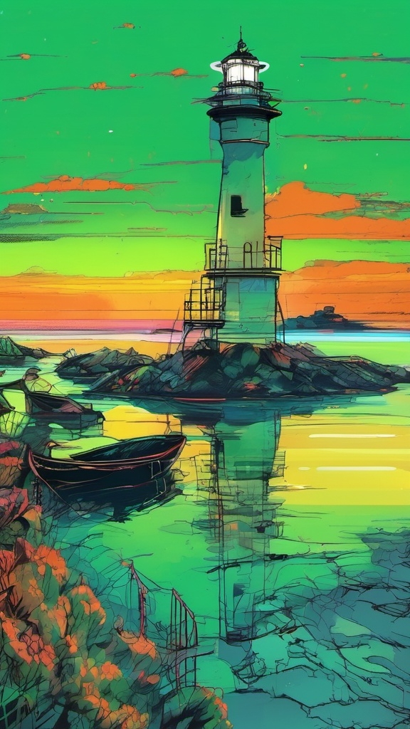 Prompt: 1920s oil painting, great gastby, nighttime, a small lighthouse in the far distance shining a strong emerald green light, across a bay, a row boat in the foreground, filled with liquor