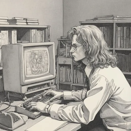 Prompt: (illustration, 1970s, manga, graphic novel) issac newton, using a computer