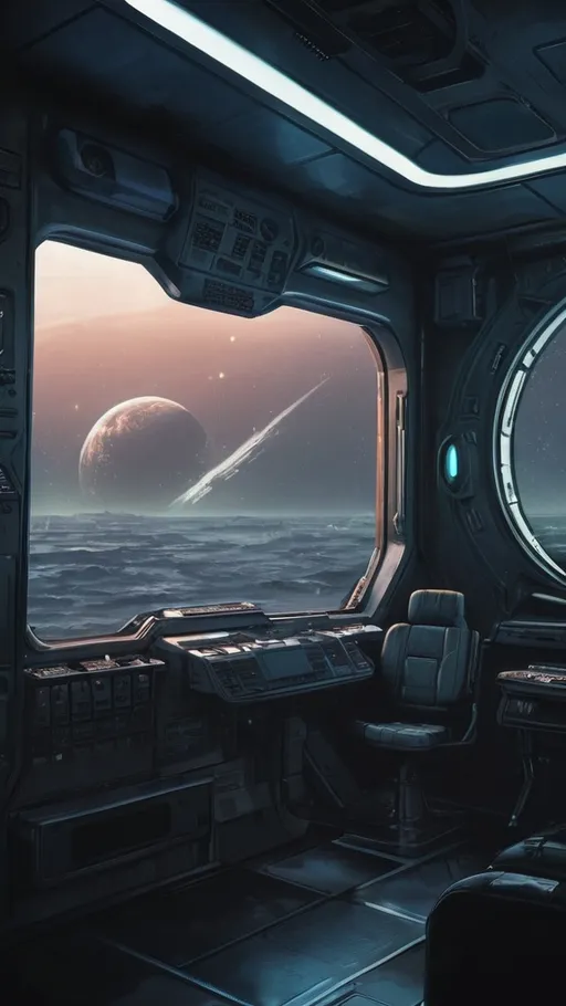 Prompt: (retro futuristic, graphic novel, anime, oil matte illustration) dark interior of a spaceship cabin,  with a close view from a large rectangular window viewport, overlooking nearby planet from a distance
