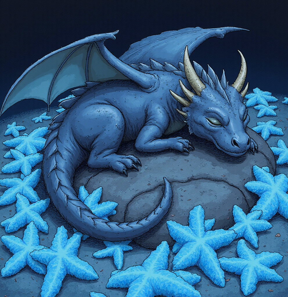 Prompt:  ((hand drawn illustration, hard line, crayon, hard vector, graphic novel, manga,thick lines)) a gentle dragon with wings sleeping on a rock with eyes closed, (((surrounded by thousands of glowing blue starfish)))