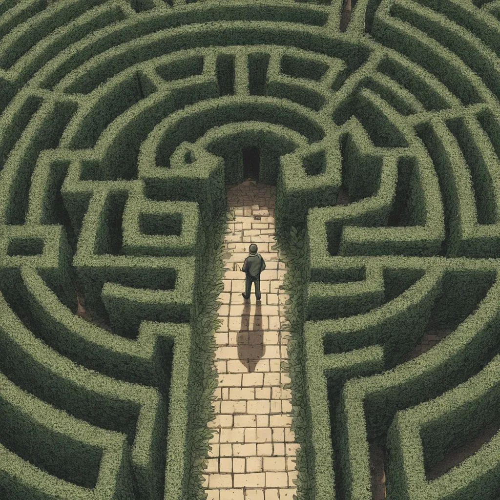 Prompt: (vintage comic book illustration, graphic novel, ultra detail, 4k, graphic novel illustration) view from above and behind, a solitary  entering a hedge maze labyrinth 