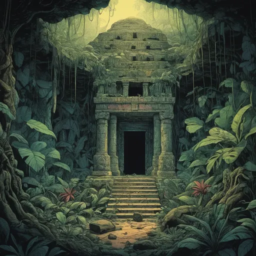 Prompt: (1980 drawing, psychedelic colors, ultra detail, 4k, graphic novel illustration) inside an ancient jungle tomb