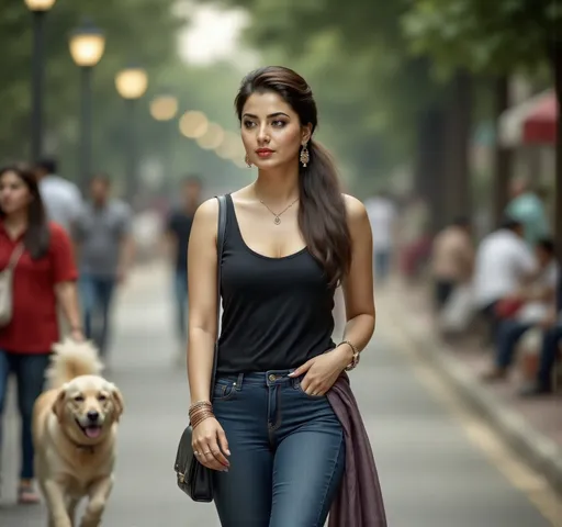 Prompt: A detailed hyper realistic photo of a fair skin toned cute Iranian Girl with curvy body and short height and long silky shiny glossy hair tied with a clutch, wearing a Jeans and tank top with Pakistani style jhumka earrings and bangles on the wrists, Walking on a street with trees on both sides, evening time, with dim lights coming from street light poles on the side of the street, a stray golden retriever dog walking past her, natural lighting. 