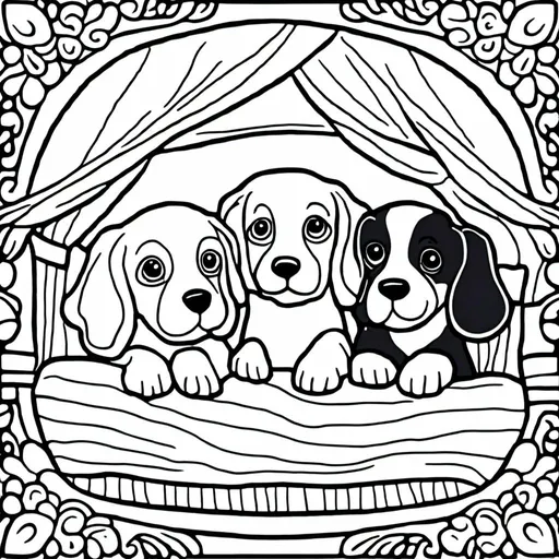 Prompt: Dogs in bed, simple black and white coloring book art, in the style of <mymodel>