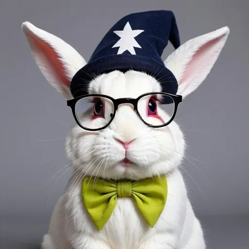 Prompt: A bunny with two eyes of each color, left eye chartreuse, right eye ruby color. The bunny also wears round navy colored glasses and a light gray wizard hat with a white star in the middle