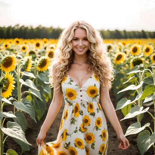 Prompt: blonde woman with long curly hair wearing a cute sundress standing in a field of sunflowers. 