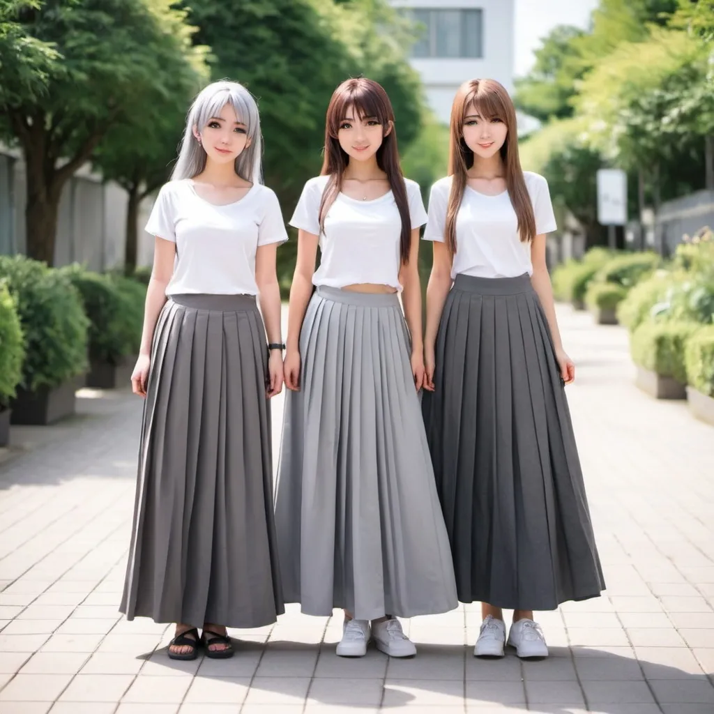 Prompt: Anime girls wearing maxi long pleated grey skirts.