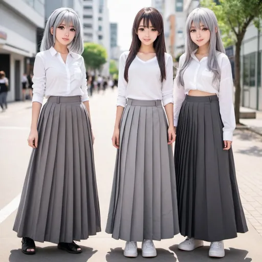 Prompt: Anime girls wearing maxi long pleated grey skirts.