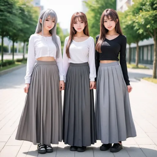 Prompt: Anime girls wearing maxi long pleated grey skirts.