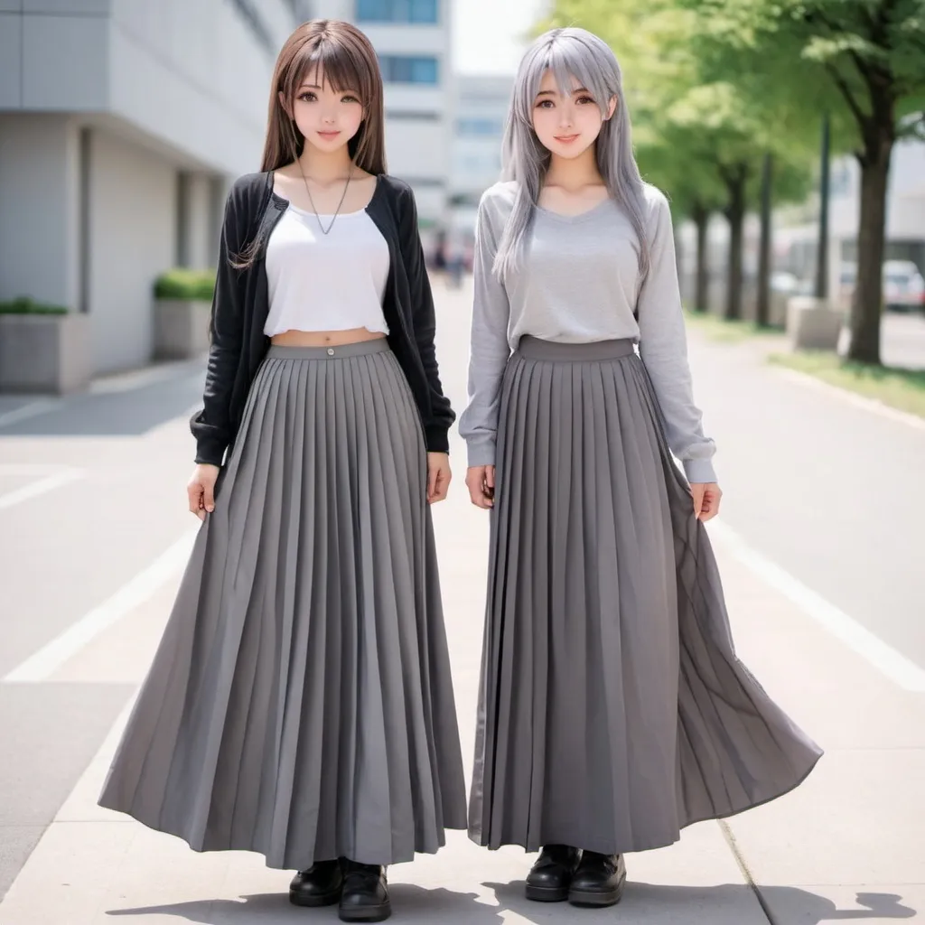 Prompt: Anime girls wearing maxi long pleated grey skirts.