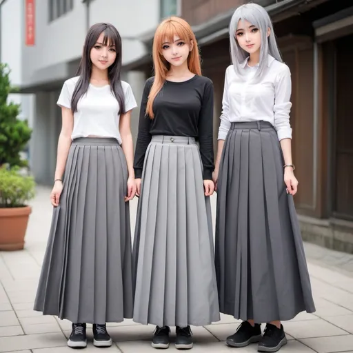 Prompt: Anime girls wearing maxi long pleated grey skirts.